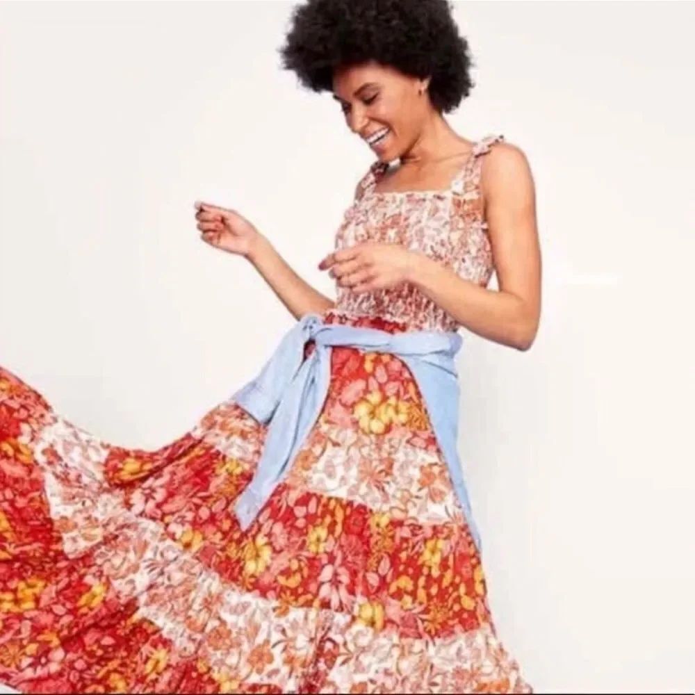 Anthropologie Abel the Label Pink and Orange Floral Tiered Maxi Dress